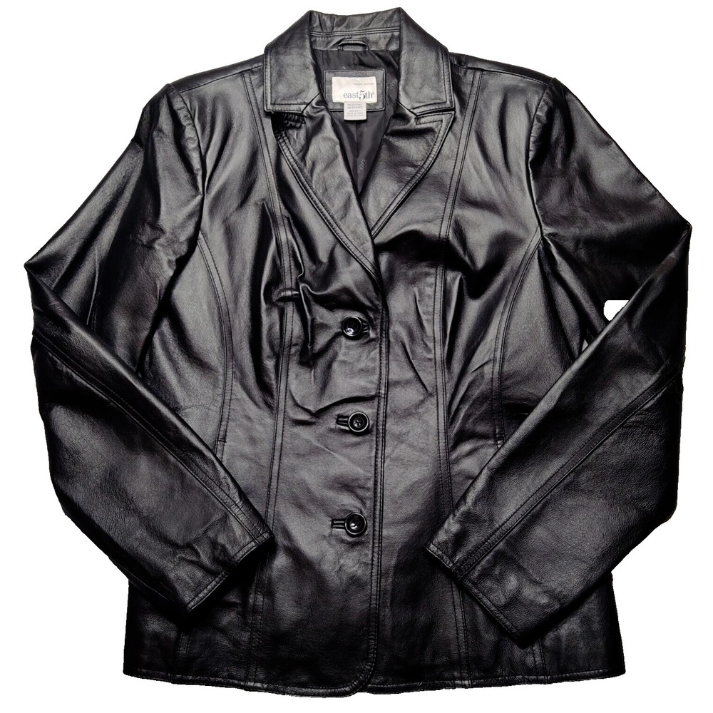 EAST‎ 5TH LEATHER Women Medium Black Button Lined Long Sleeve Leather Jacket